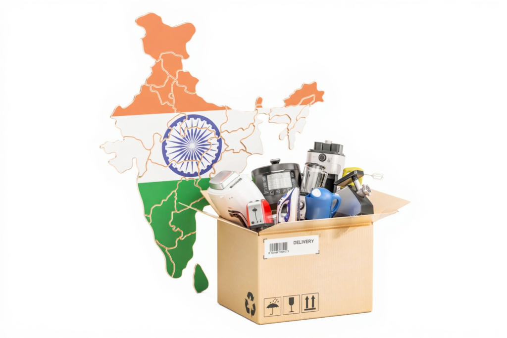 India FMCG export hub concept shown with a delivery box of products in front of the India map.