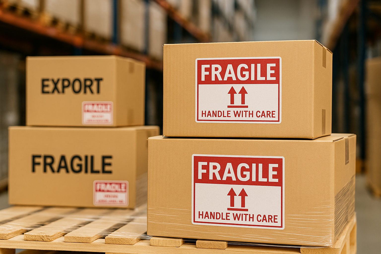 “corrugated export boxes with fragile labels used for zero-damage exports at Mahalaxmi Trade”