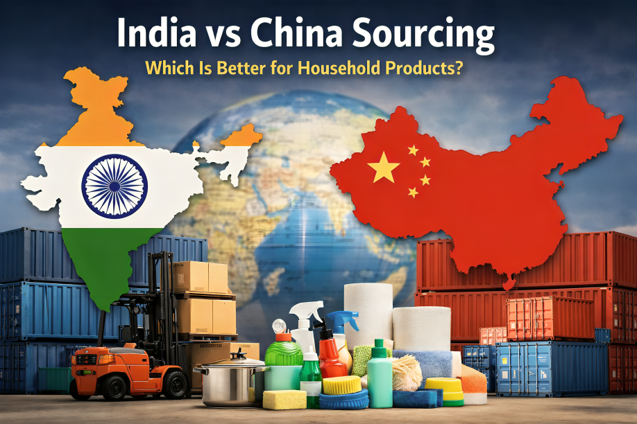 India vs China sourcing comparison for household products showing export containers, cleaning items, and global trade background