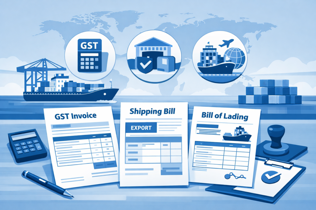 Overview of merchant exports under GST showing export documentation, shipping bill, and bill of lading process