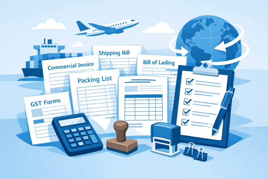 Export documentation and compliance support for import export services, including commercial invoice, shipping bill, packing list, and GST forms